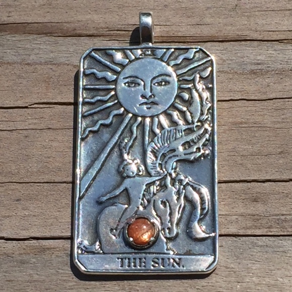 Sun Tarot Card Pendant .925 Sterling Silver w/ genuine Sunstone gem Made in USA - Picture 9 of 16